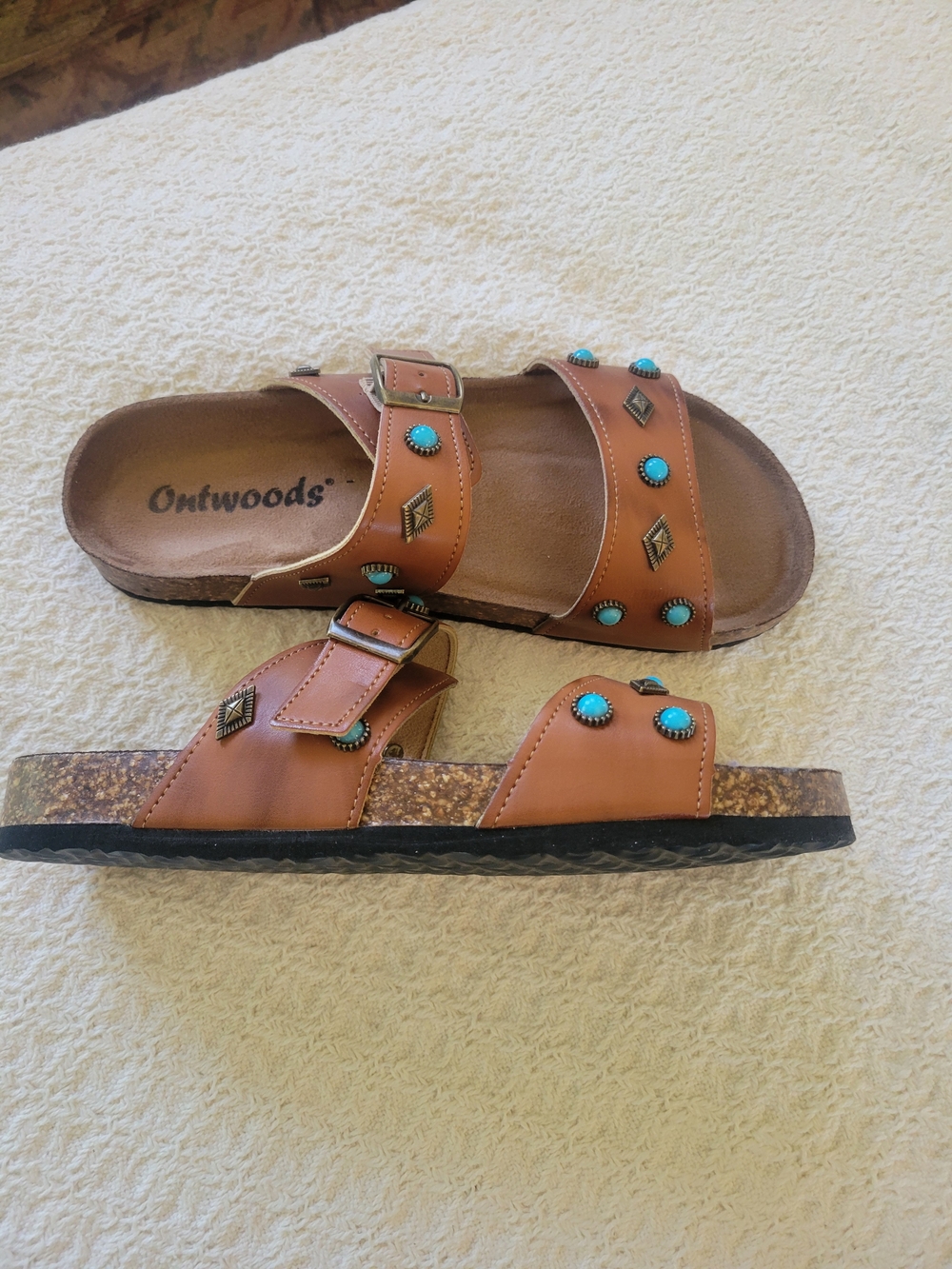 Outwoods BORK 105 Brown Slide Sandals with Turquoise Studs - Picture 2 of 7